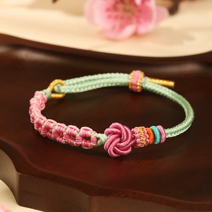 Buddha Stones Handmade Pink Green Peach Blossom Knot Braided Bracelet