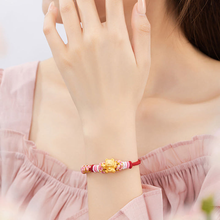 Buddha Stones Handmade 999 Sterling Silver Fortune Cat Ingot Peach Blossom Luck Red Rope Bracelet - image 10