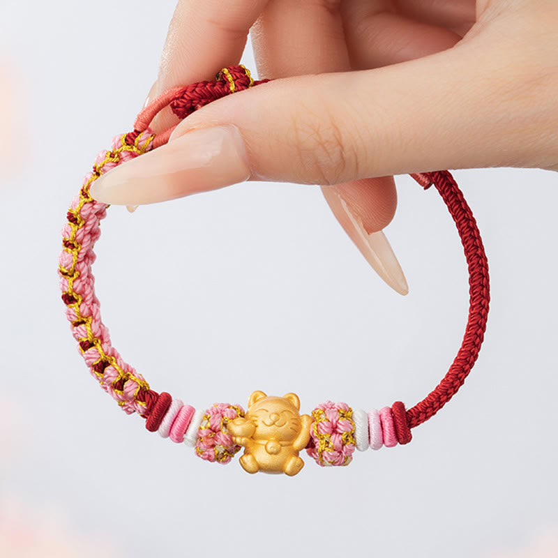 Buddha Stones Handmade 999 Sterling Silver Fortune Cat Ingot Peach Blossom Luck Red Rope Bracelet - image 11