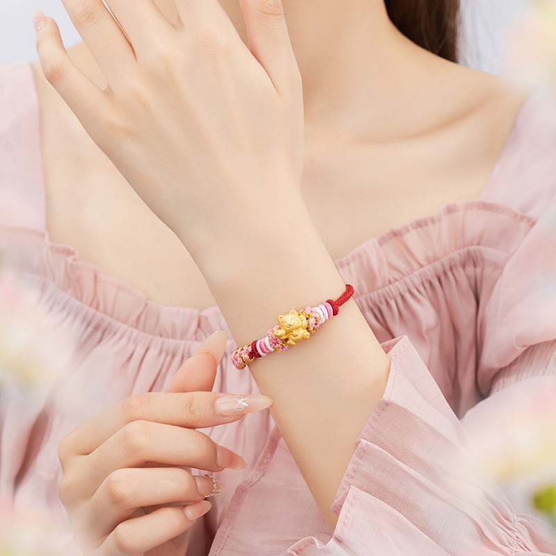 Buddha Stones Handmade 999 Sterling Silver Fortune Cat Ingot Peach Blossom Luck Red Rope Bracelet - image 5