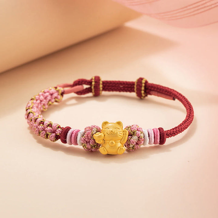 Buddha Stones Handmade 999 Sterling Silver Fortune Cat Ingot Peach Blossom Luck Red Rope Bracelet - Red Rope(Wrist Circumference 14-19cm) - image 0