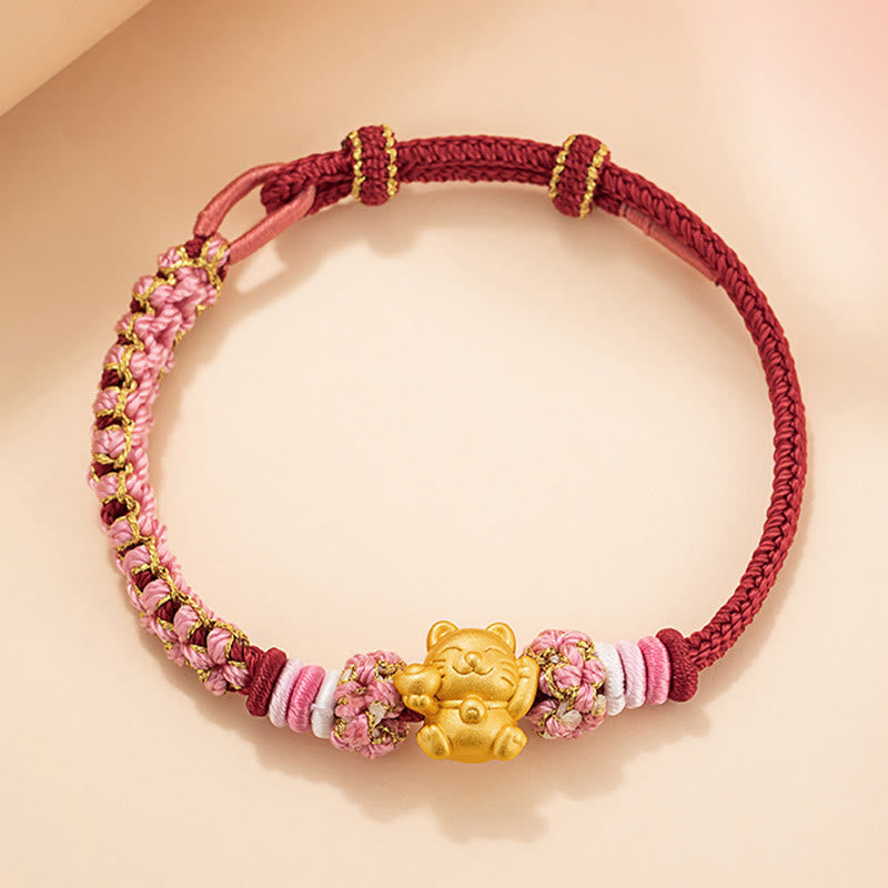 Buddha Stones Handmade 999 Sterling Silver Fortune Cat Ingot Peach Blossom Luck Red Rope Bracelet - image 1