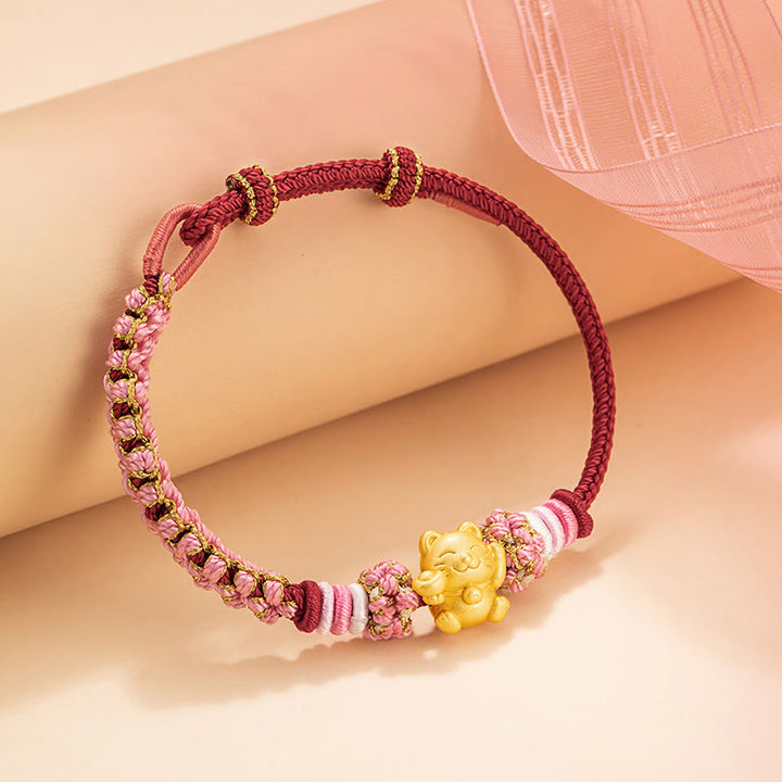 Buddha Stones Handmade 999 Sterling Silver Fortune Cat Ingot Peach Blossom Luck Red Rope Bracelet - image 2