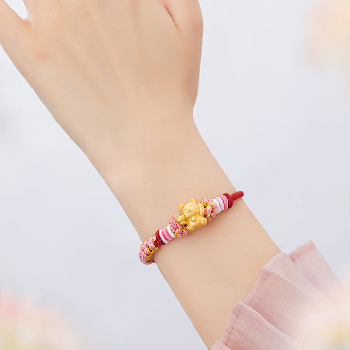 Buddha Stones Handmade 999 Sterling Silver Fortune Cat Ingot Peach Blossom Luck Red Rope Bracelet - image 9