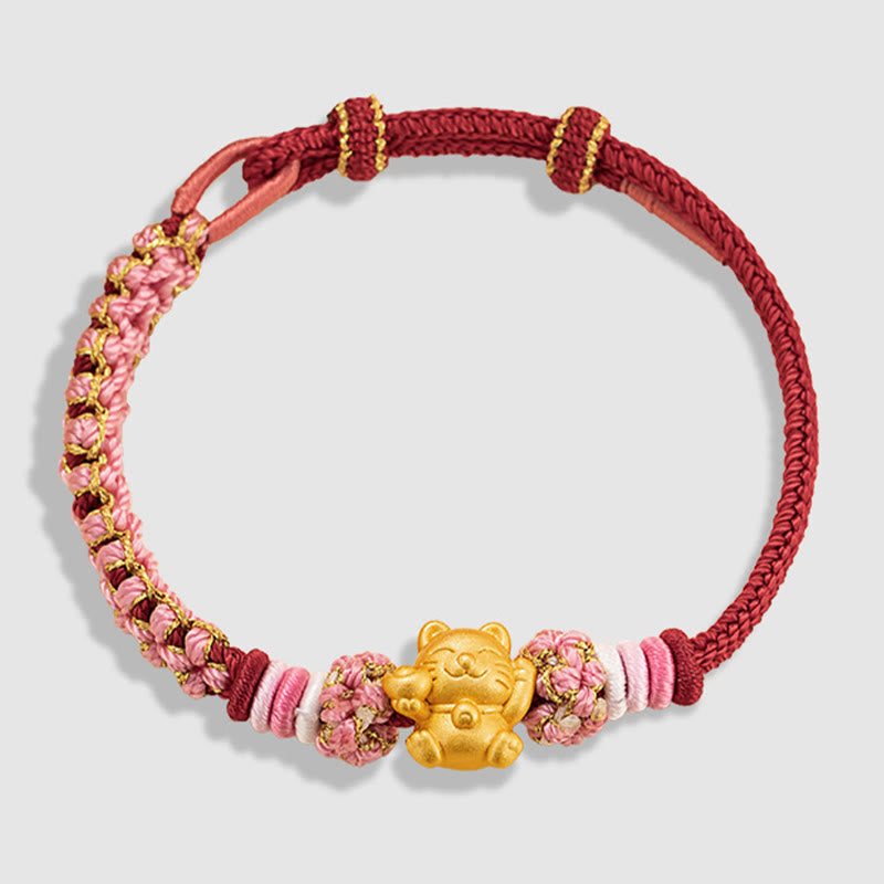 Buddha Stones Handmade 999 Sterling Silver Fortune Cat Ingot Peach Blossom Luck Red Rope Bracelet - image 12
