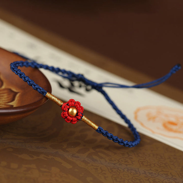 Buddha Stones 999 Gold Mini Bead Handmade Flower Design Luck Protection Rope Bracelet - 4mm Bead Blue(Wrist Circumference 14-18cm) - image 7