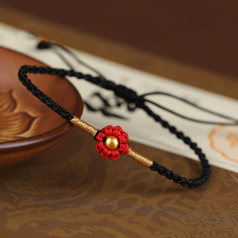 Buddha Stones 999 Gold Mini Bead Handmade Flower Design Luck Protection Rope Bracelet - 4mm Bead Black(Wrist Circumference 14-18cm) - image 14