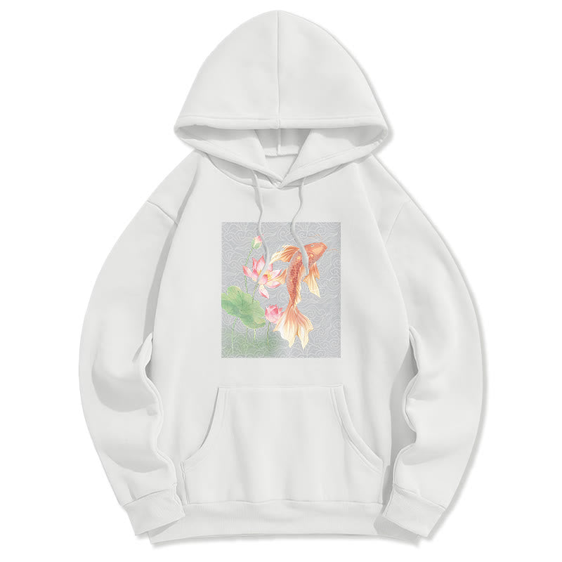 Buddha Stones Koi Fish Lotus Design Fleece Lined Hoodie - White - 2XL - image 13