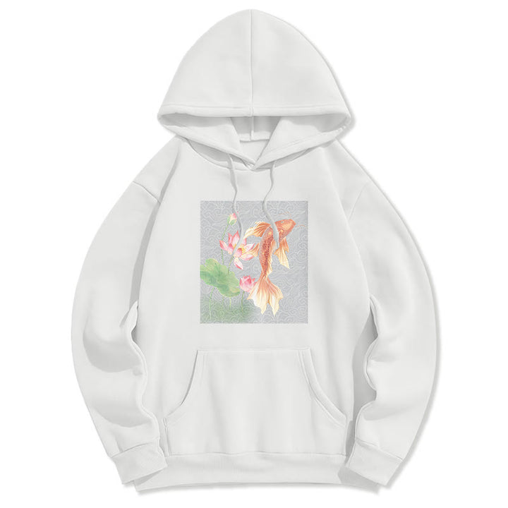 Buddha Stones Koi Fish Lotus Design Fleece Lined Hoodie - White - 2XL - image 13