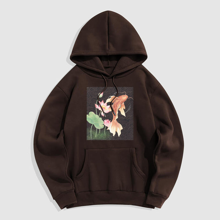Buddha Stones Koi Fish Lotus Design Fleece Lined Hoodie - SaddleBrown - 2XL - image 25