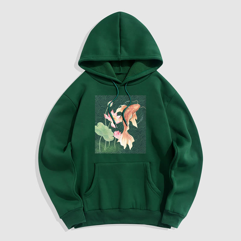 Buddha Stones Koi Fish Lotus Design Fleece Lined Hoodie - ForestGreen - 2XL - image 0