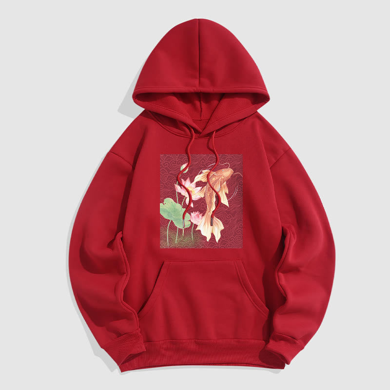 Buddha Stones Koi Fish Lotus Design Fleece Lined Hoodie - Red - 2XL - image 9