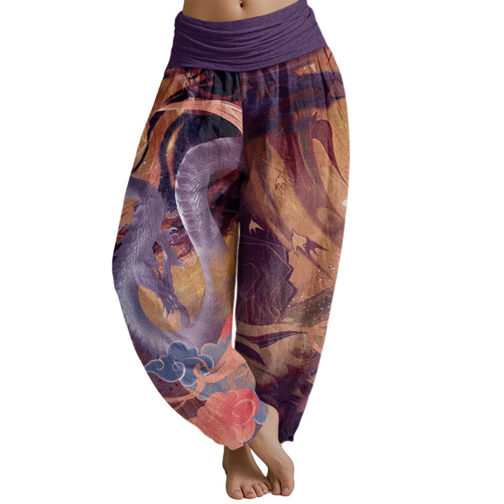 Buddha Stones Dragon Auspicious Clouds Pattern Women's Elastic Waist Harem Pants