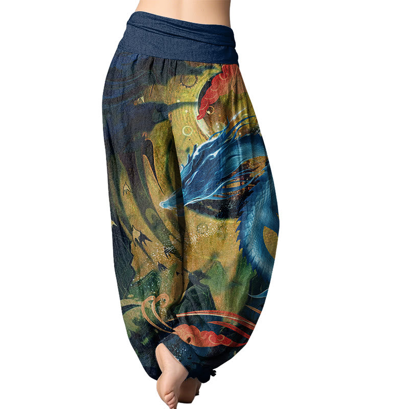 Buddha Stones Dragon Auspicious Clouds Pattern Women's Elastic Waist Harem Pants