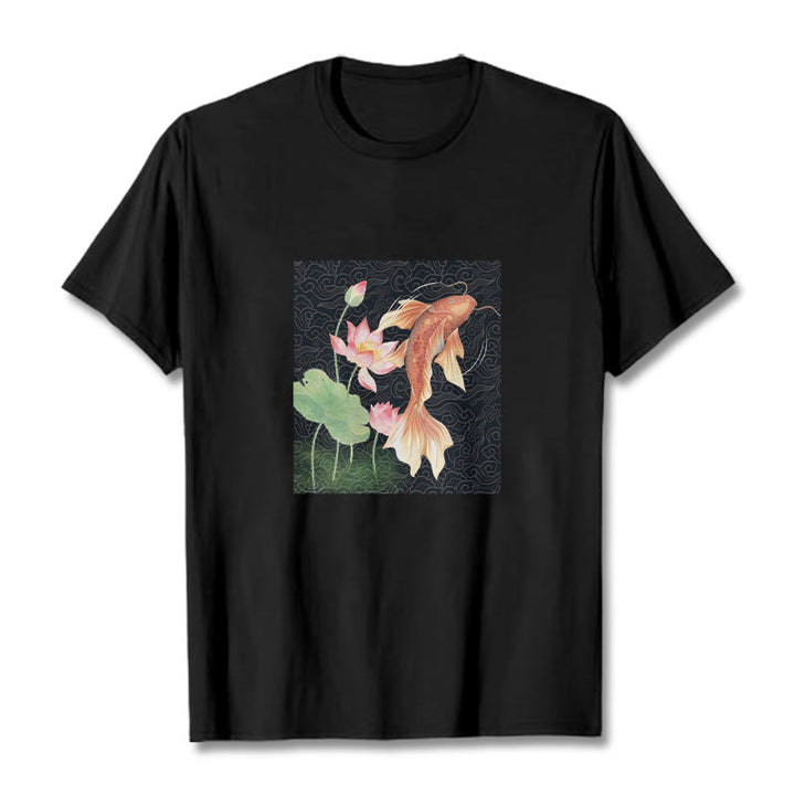 Buddha Stones Koi Fish Lotus Combination Cotton Tee T-shirt - Black - 2XL - image 5