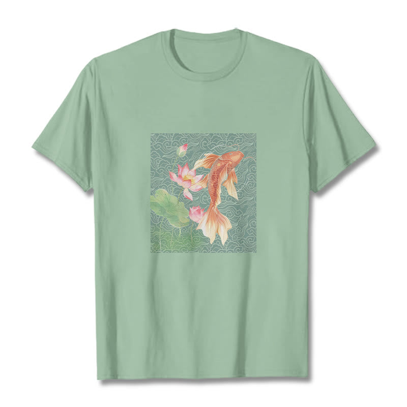 Buddha Stones Koi Fish Lotus Combination Cotton Tee T-shirt - PaleGreen - 2XL - image 15