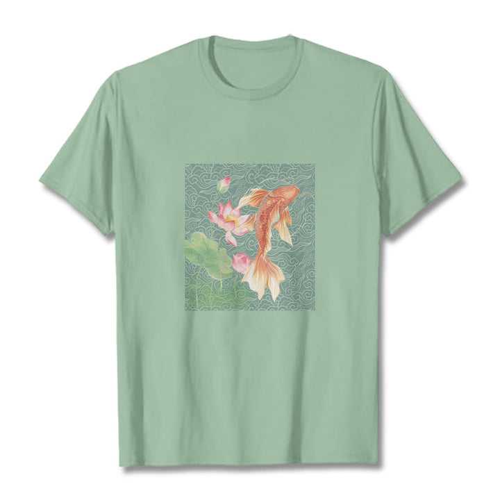 Buddha Stones Koi Fish Lotus Combination Cotton Tee T-shirt - PaleGreen - 2XL - image 15