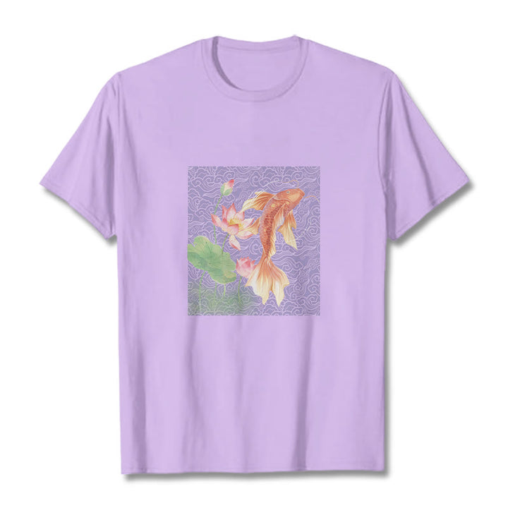 Buddha Stones Koi Fish Lotus Combination Cotton Tee T-shirt - Plum - 2XL - image 16