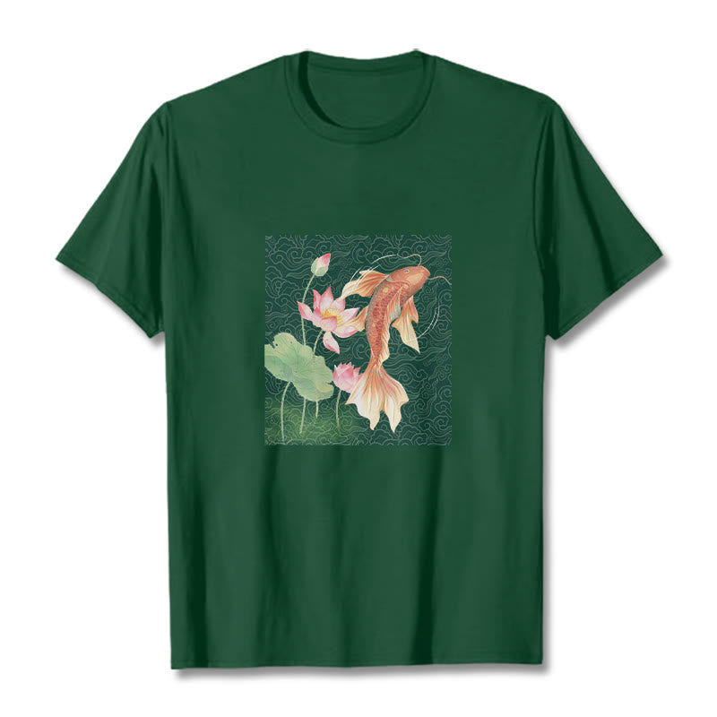 Buddha Stones Koi Fish Lotus Combination Cotton Tee T-shirt - ForestGreen - 2XL - image 10