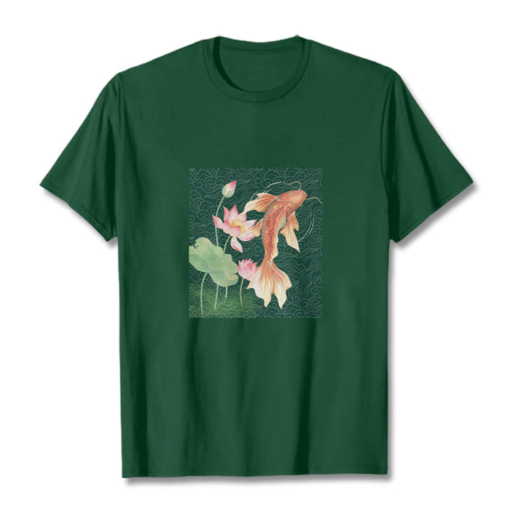 Buddha Stones Koi Fish Lotus Combination Cotton Tee T-shirt - ForestGreen - 2XL - image 10