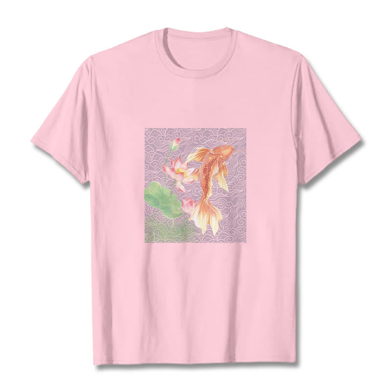 Buddha Stones Koi Fish Lotus Combination Cotton Tee T-shirt - LightPink - 2XL - image 19