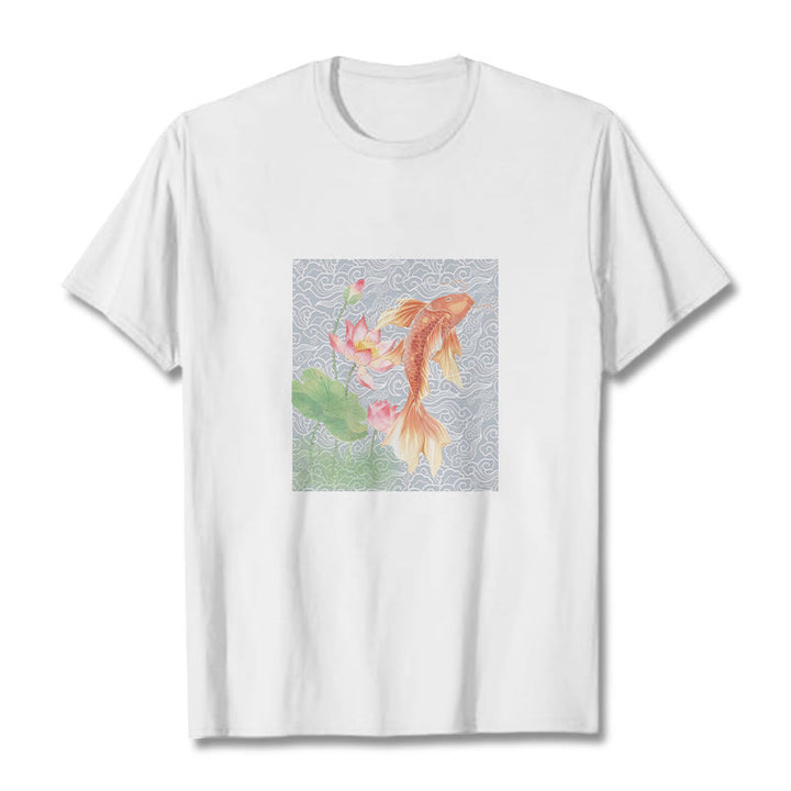 Buddha Stones Koi Fish Lotus Combination Cotton Tee T-shirt - White - 2XL - image 3