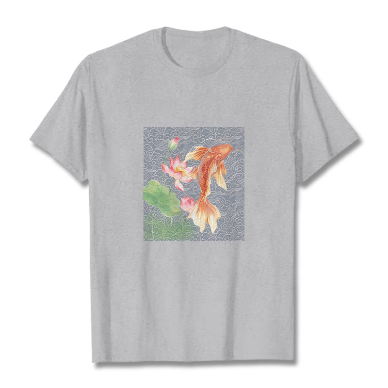 Buddha Stones Koi Fish Lotus Combination Cotton Tee T-shirt - LightGrey - 2XL - image 12