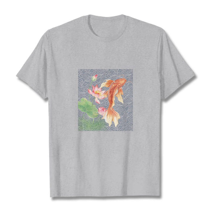 Buddha Stones Koi Fish Lotus Combination Cotton Tee T-shirt - LightGrey - 2XL - image 12