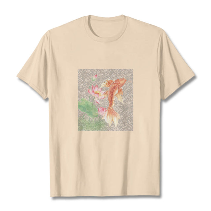 Buddha Stones Koi Fish Lotus Combination Cotton Tee T-shirt - Bisque - 2XL - image 13