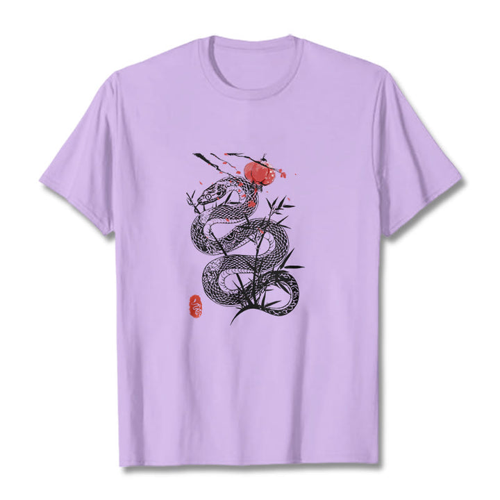 Buddha Stones Lantern Bamboo Leaves Snake Design Cotton Tee T-shirt