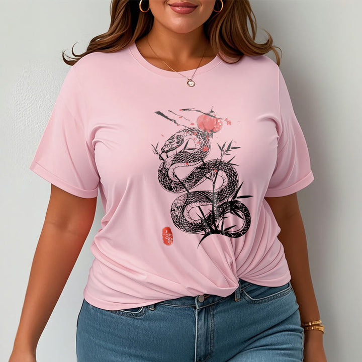 Buddha Stones Lantern Bamboo Leaves Snake Design Cotton Tee T-shirt