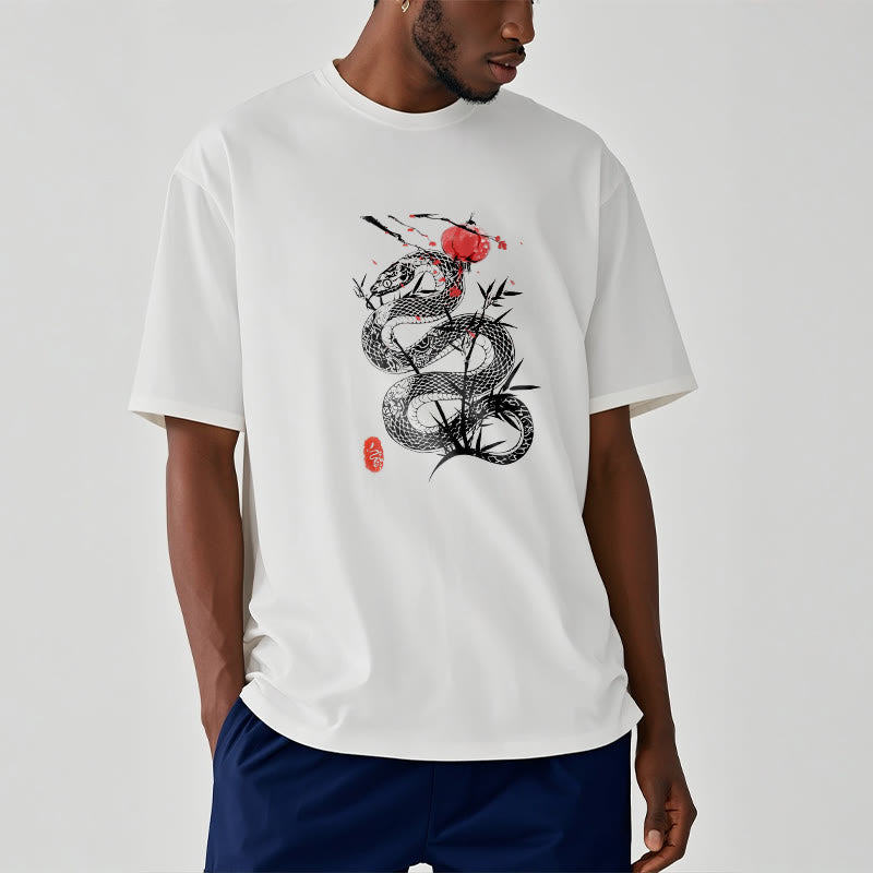 Buddha Stones Lantern Bamboo Leaves Snake Design Cotton Tee T-shirt