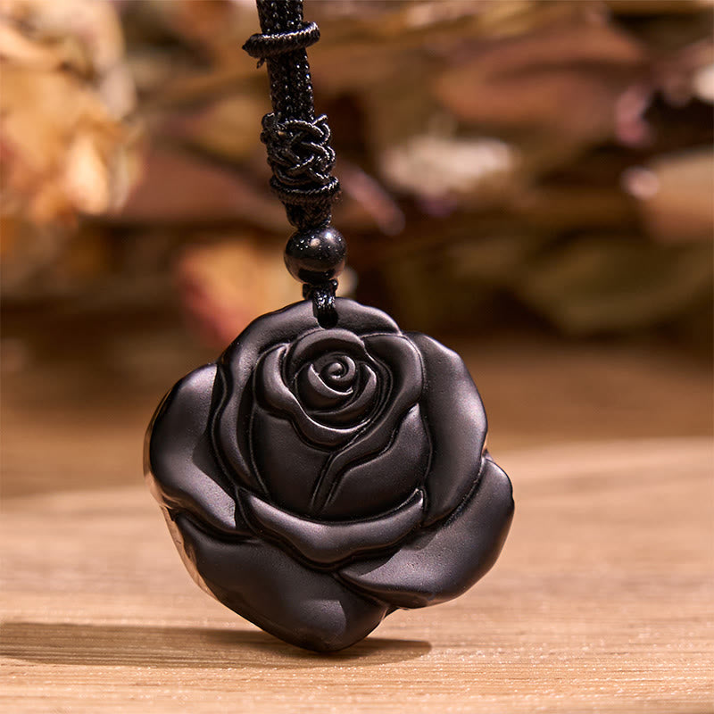 Buddha Stones Black Obsidian String Black Rose Purification Necklace Pendant