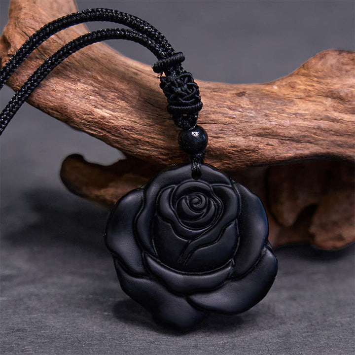 Buddha Stones Black Obsidian String Black Rose Purification Necklace Pendant