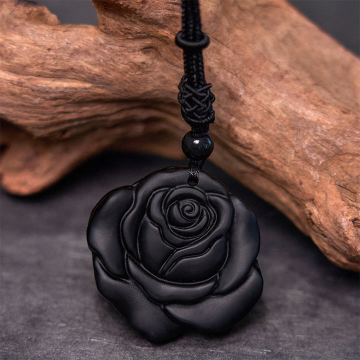 Buddha Stones Black Obsidian String Black Rose Purification Necklace Pendant