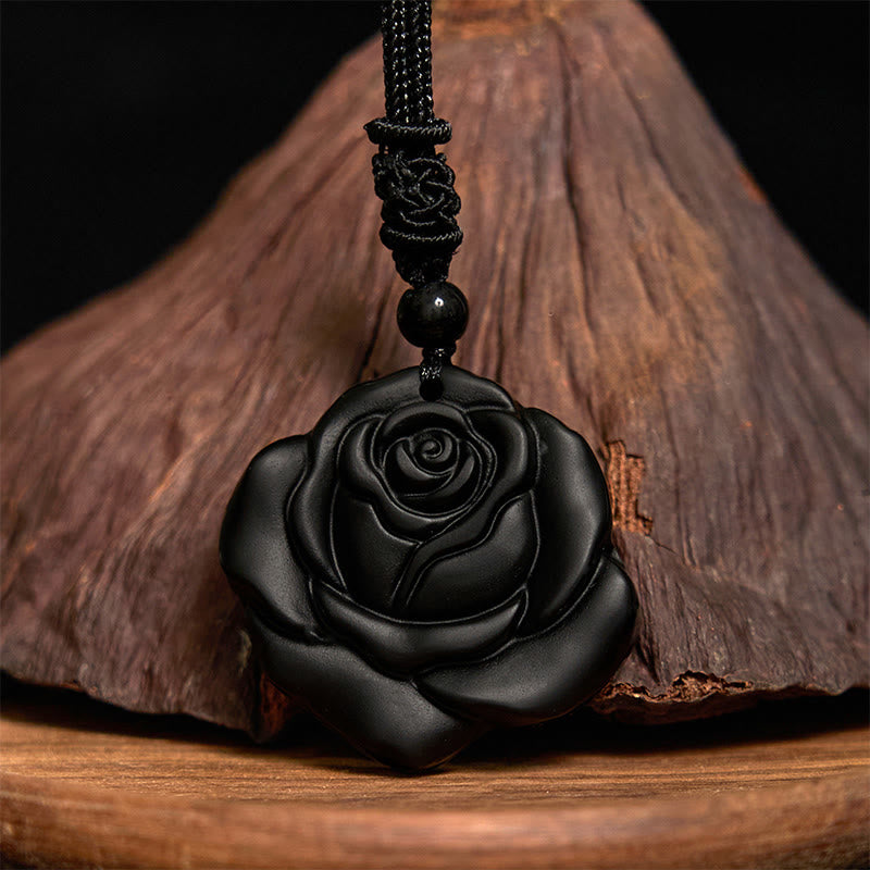 Buddha Stones Black Obsidian String Black Rose Purification Necklace Pendant