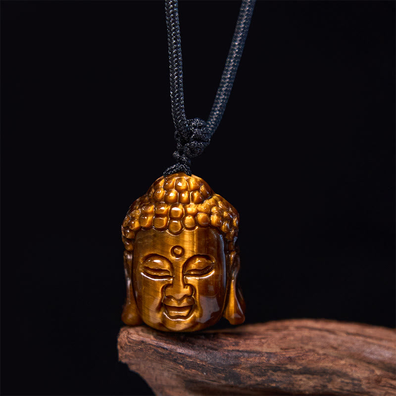 Buddha Stones Tiger Eye String Buddha Head Courage Necklace Pendant