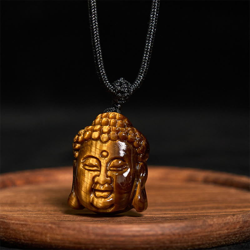 Buddha Stones Tiger Eye String Buddha Head Courage Necklace Pendant