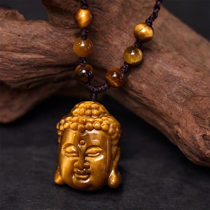 Buddha Stones Tiger Eye String Buddha Head Courage Necklace Pendant - Tiger Eye Four Stranded Brown String - image 10