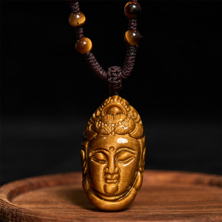 Buddha Stones Tiger Eye Kwan Yin Avalokitesvara Head String Strength Necklace Pendant