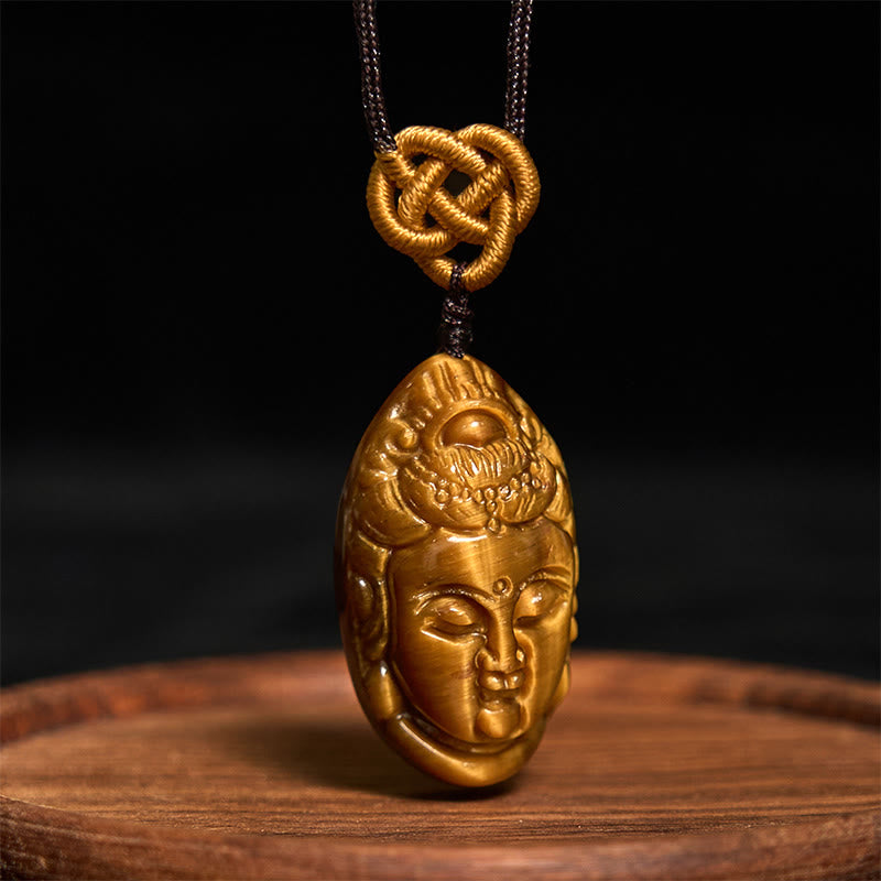 Buddha Stones Tiger Eye Kwan Yin Avalokitesvara Head String Strength Necklace Pendant