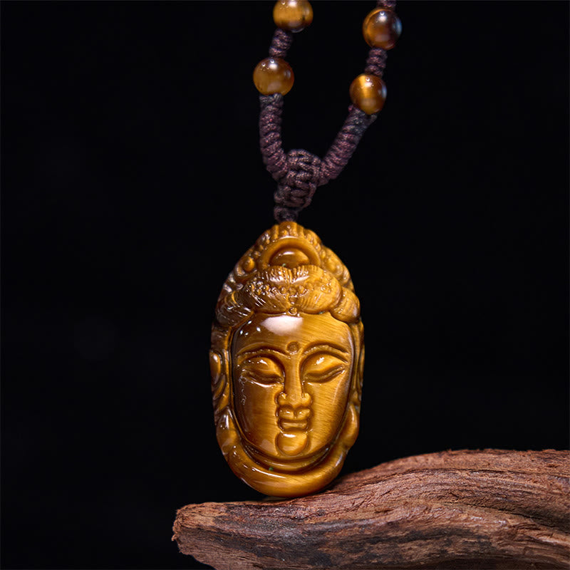 Buddha Stones Tiger Eye Kwan Yin Avalokitesvara Head String Strength Necklace Pendant