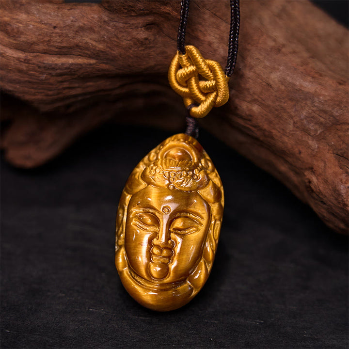 Buddha Stones Tiger Eye Kwan Yin Avalokitesvara Head String Strength Necklace Pendant