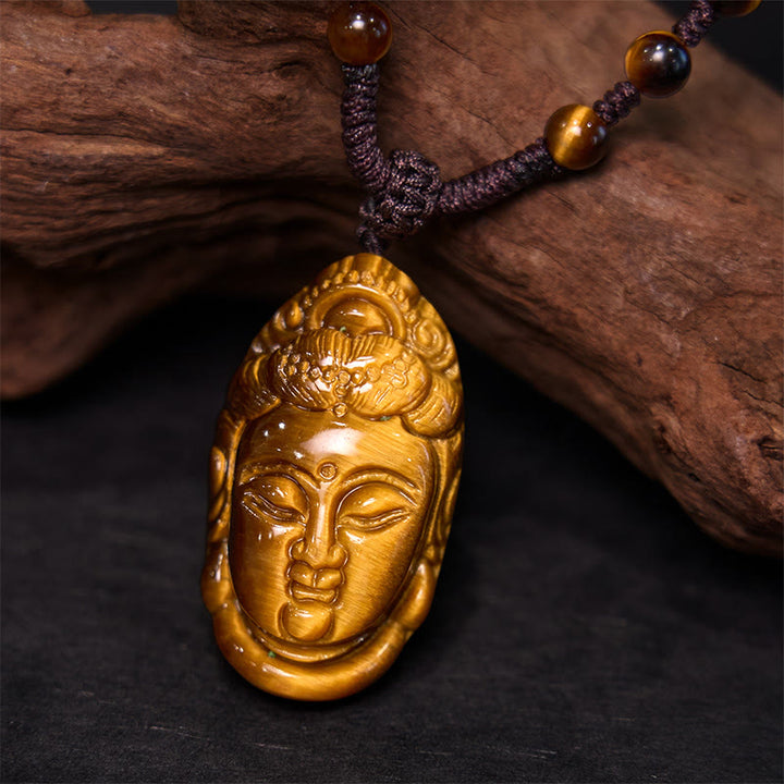 Buddha Stones Tiger Eye Kwan Yin Avalokitesvara Head String Strength Necklace Pendant