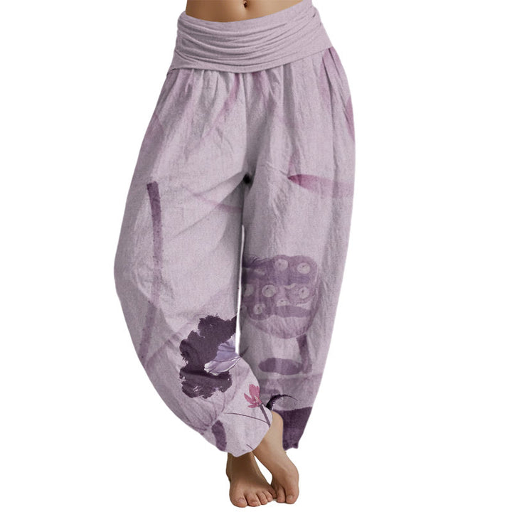 Buddha Stones Ink Lotus Flowers Leaves Koi Fish Pattern Women's Elastic Waist Harem Pants