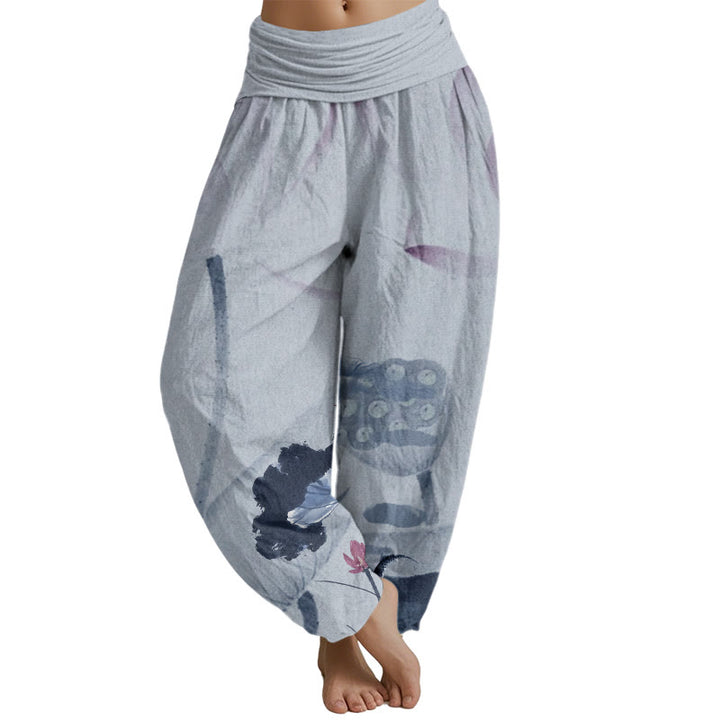 Buddha Stones Ink Lotus Flowers Leaves Koi Fish Pattern Women's Elastic Waist Harem Pants