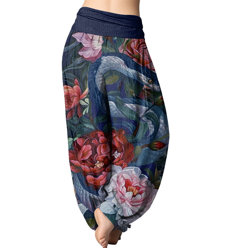 Buddha Stones Snake Peony Flowers Leaf Pattern Women's Elastic Waist Harem Pants