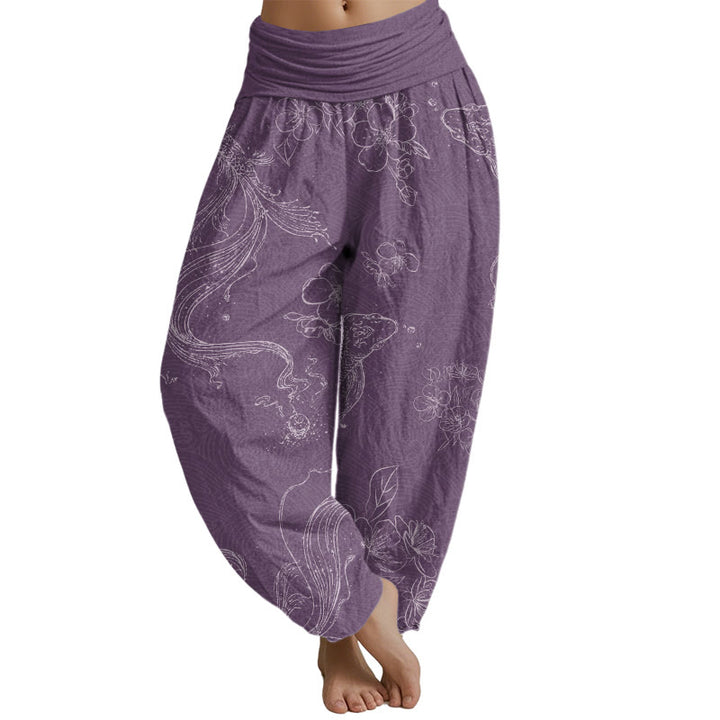 Buddha Stones Koi Fish Floral Pattern Women's Elastic Waist Harem Pants