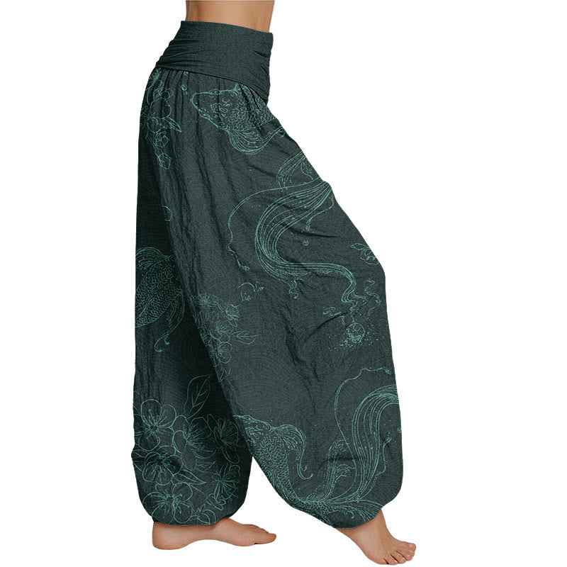 Buddha Stones Koi Fish Floral Pattern Women's Elastic Waist Harem Pants