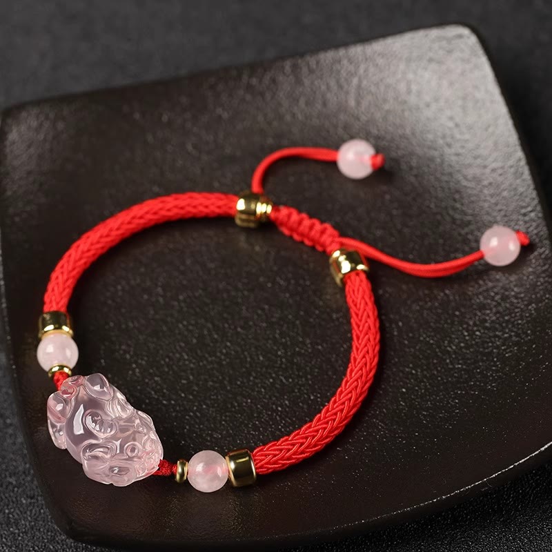 Buddha Stones PiXiu Pink Crystal Wealth String Braided Bracelet